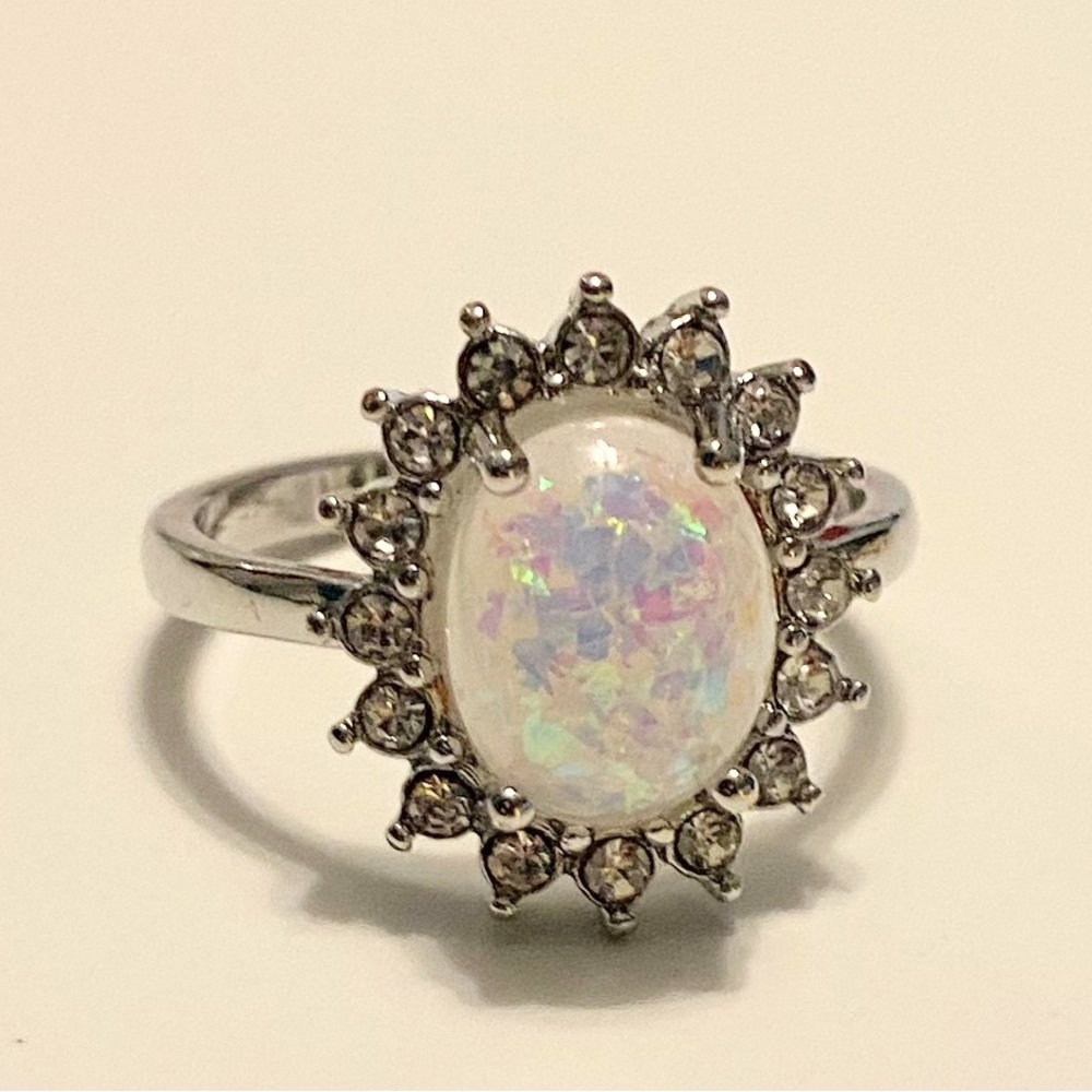 White Synthetic Opal Halo Silver Plated Cocktail Ring - Size 8.5